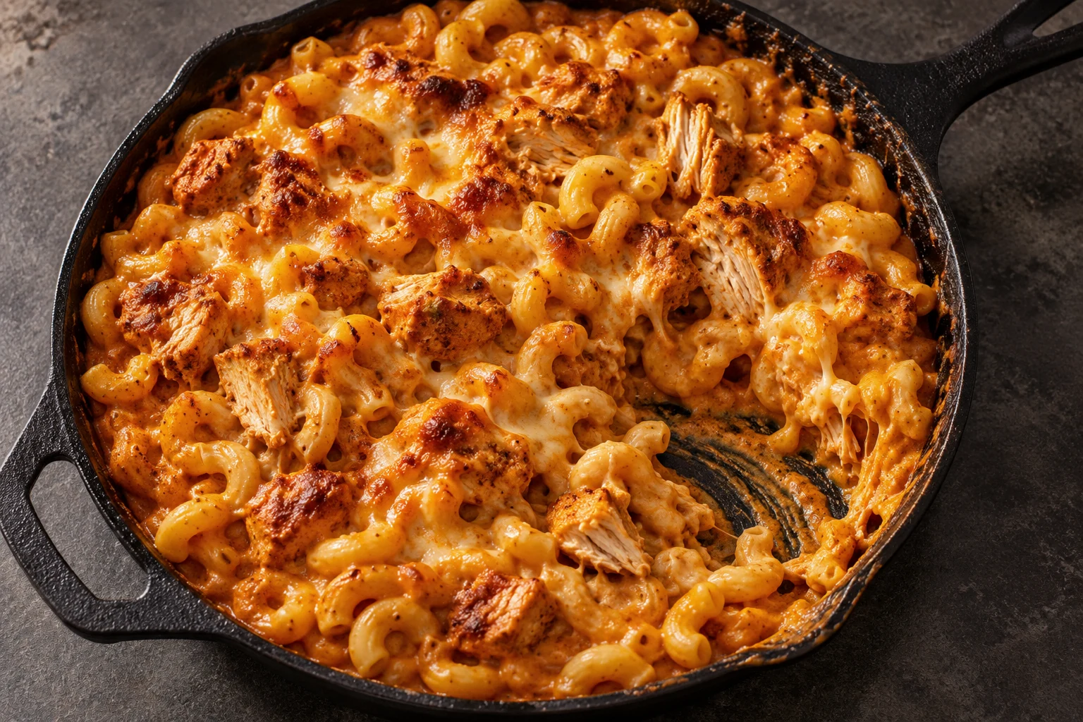 Butter chicken macaroni and cheese in a cast-iron skillet