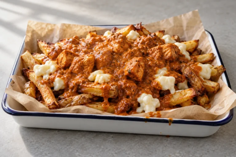 Butter chicken poutine with fries and cheese curds on an enamel tray