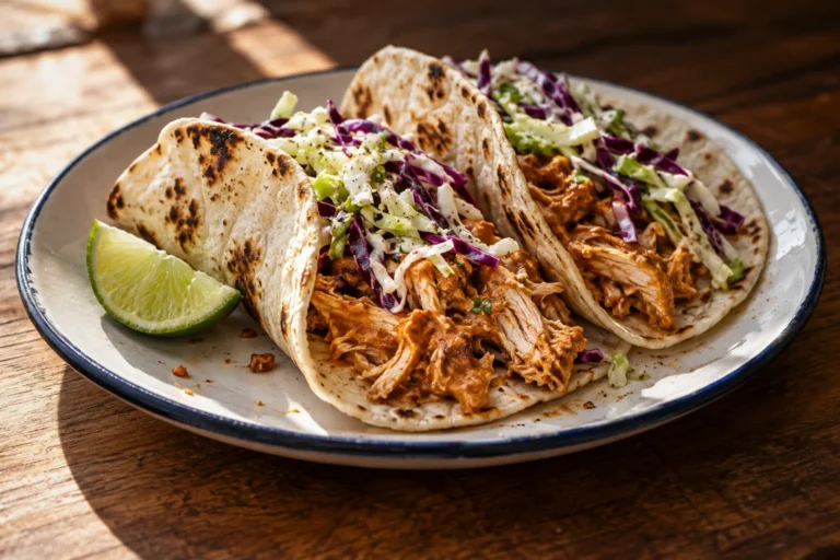 Butter chicken tacos with cumin-lime cabbage slaw on an enamel plate