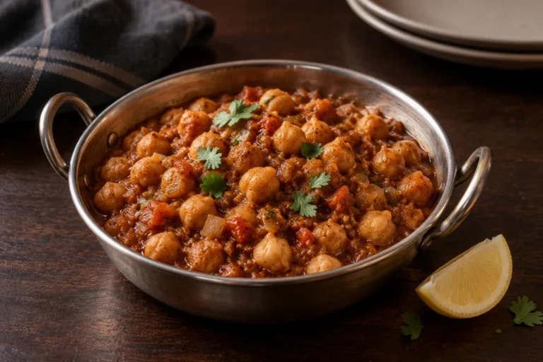 Canned chickpea chana masala in a stainless-steel serving bowl