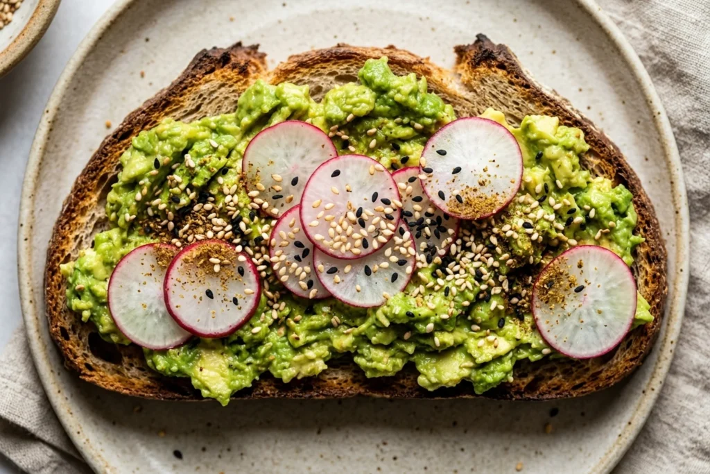 Macro overhead shot showing the texture of smashed avocado, seeds, and micro-thin radish rounds