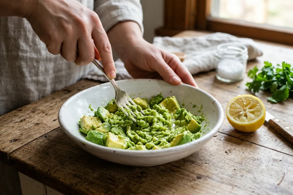 Mashing ripe avocado in a ceramic bowl with a silver fork and fresh lemon juice