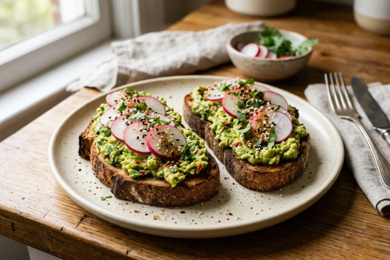 Two thick sourdough toasts topped with vibrant green smashed avocado, sliced pink radishes, sesame seeds, and chaat masala