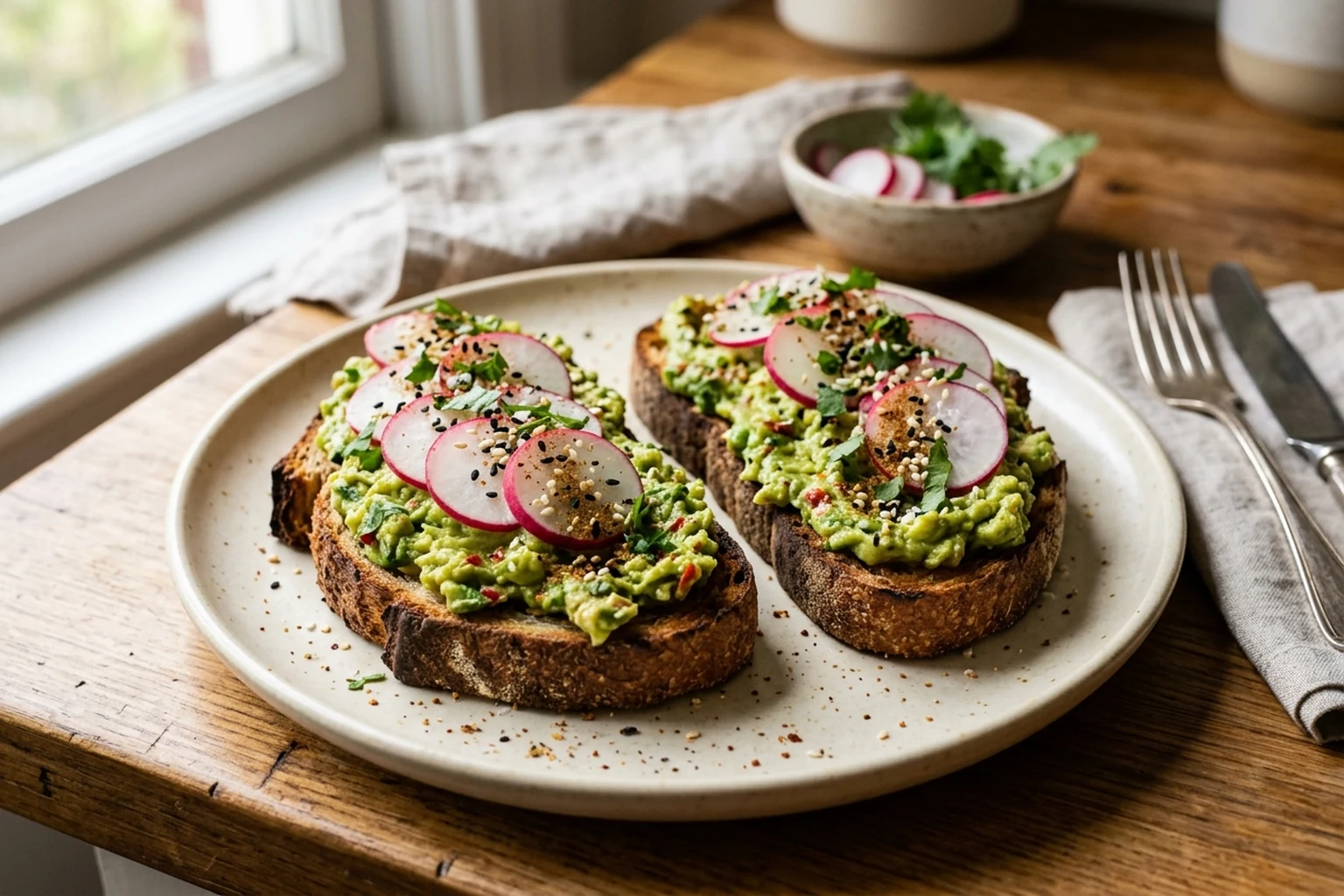 Two thick sourdough toasts topped with vibrant green smashed avocado, sliced pink radishes, sesame seeds, and chaat masala