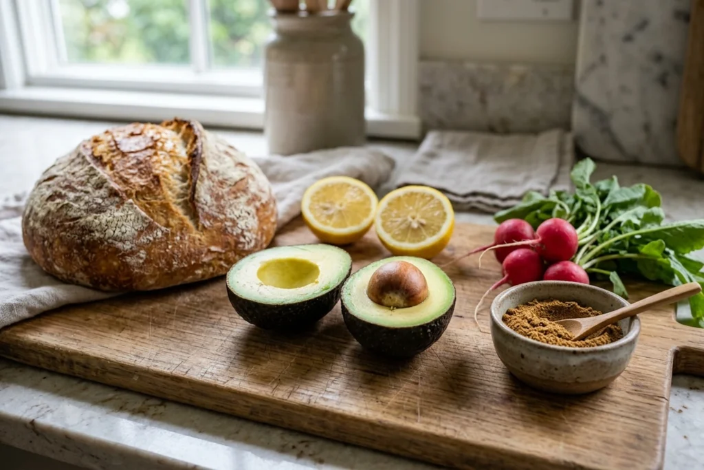 Halved Haas avocado with pit, lemon halves, rustic sourdough loaf, small spice bowl of chaat masala, and radishes