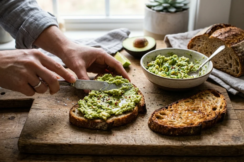 Spreading chunky avocado generously onto golden toasted sourdough bread