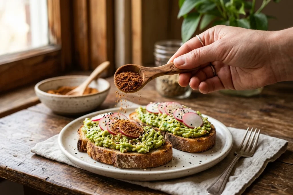 Dusting chaat masala spice blend over the avocado toast from a wooden measuring spoon