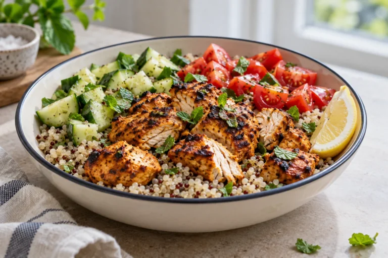 Chicken tikka quinoa power bowl with cucumber and tomatoes