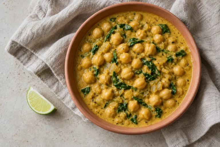 Creamy coconut chickpea curry in a terracotta bowl