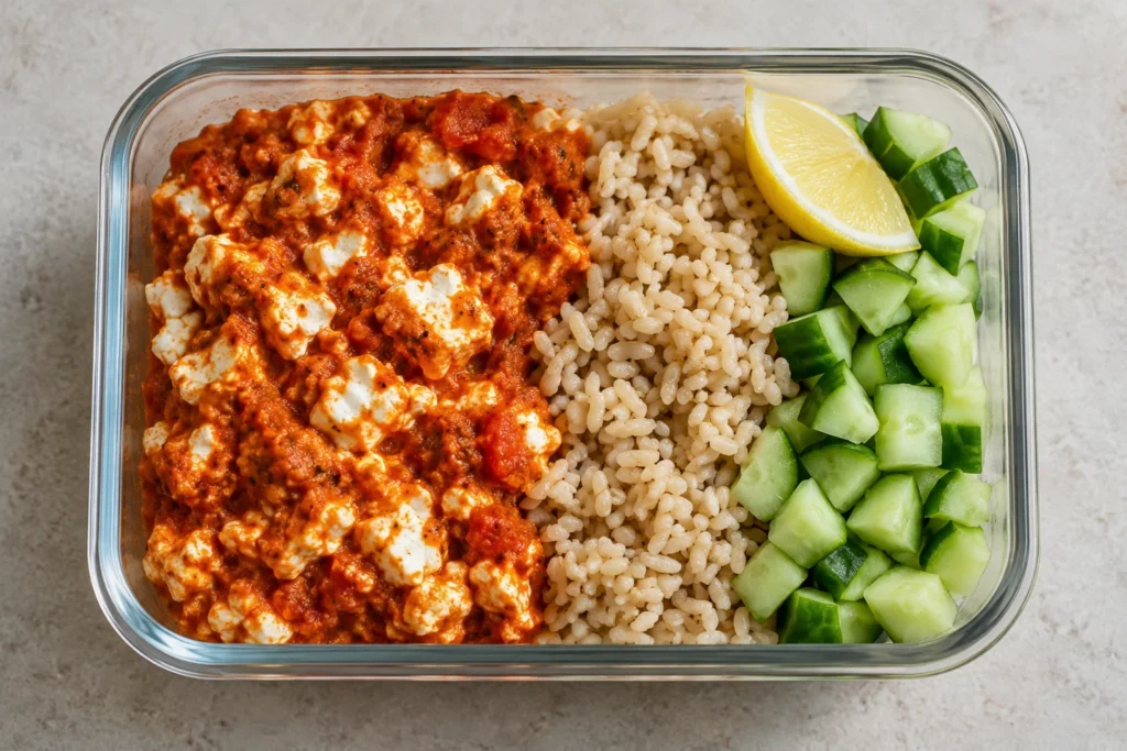 Cottage cheese tikka meal-prep bowl with brown rice and cucumber