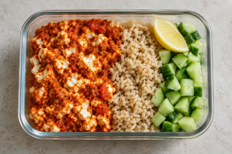 Cottage cheese tikka meal-prep bowl with brown rice and cucumber