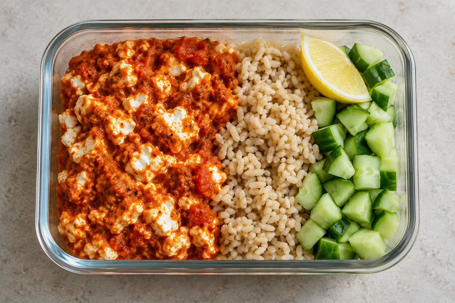 Cottage cheese tikka meal-prep bowl with brown rice and cucumber