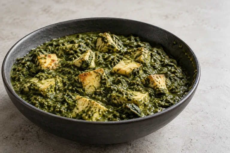 Creamy spinach paneer with irregular browned paneer in a charcoal bowl