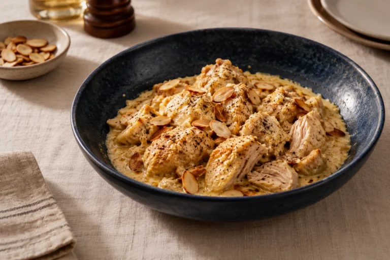 Greek yogurt chicken korma with toasted almonds in a dark blue bowl