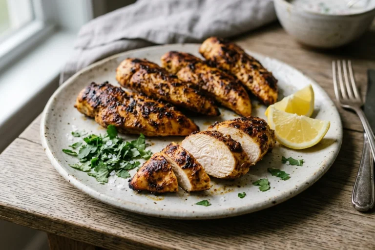 Pan-seared Indian spiced Greek yogurt chicken breast tenderloins with charred edges, sliced tenderloin showing juicy meat fibers, lemon, and cilantro on a ceramic platter