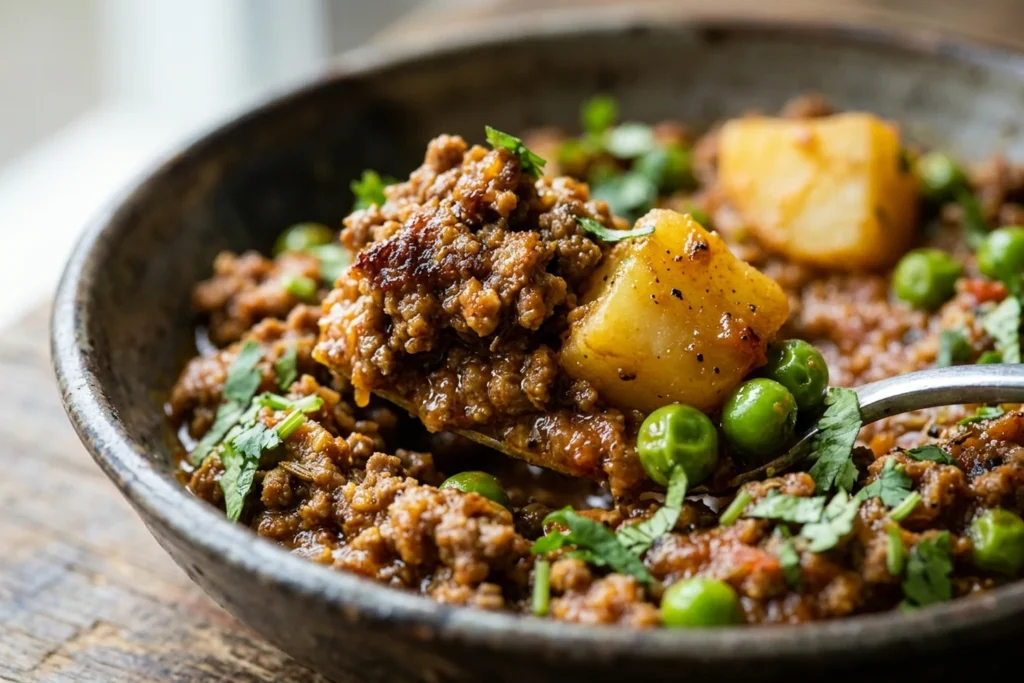 Macro close-up of tender potato cube, savory beef crumbles, green peas, and fresh cilantro