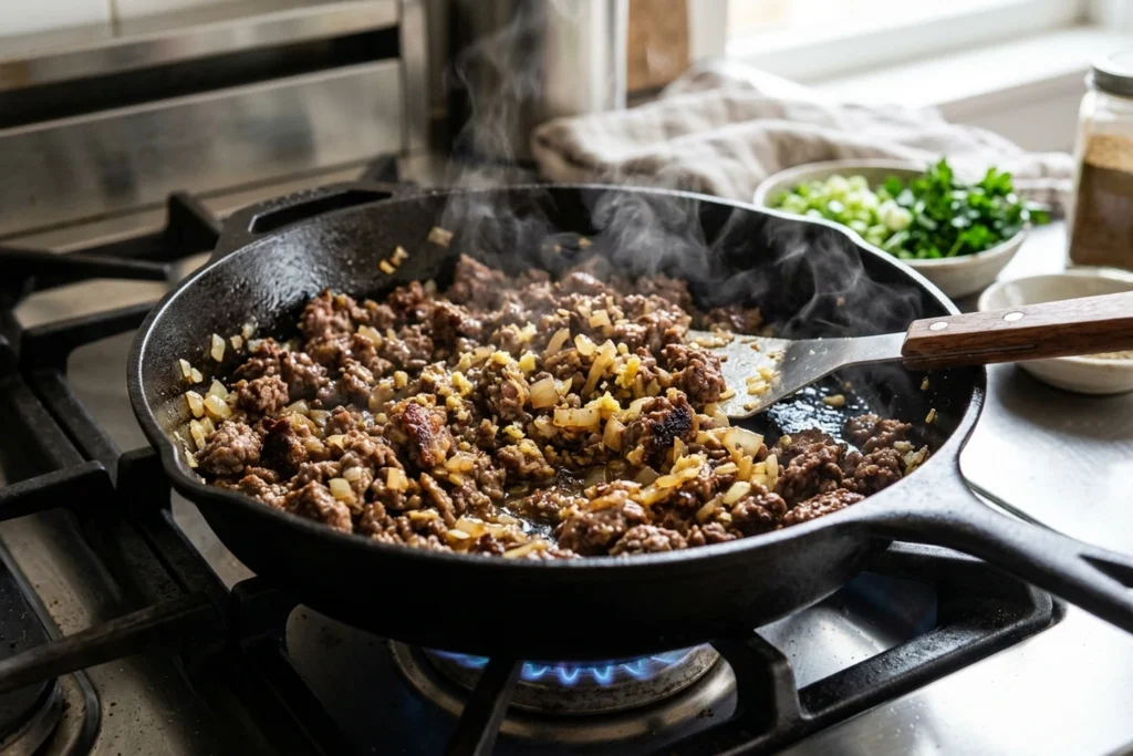 Ground beef browning into savory crumbles with onions, ginger, and garlic in a cast-iron skillet