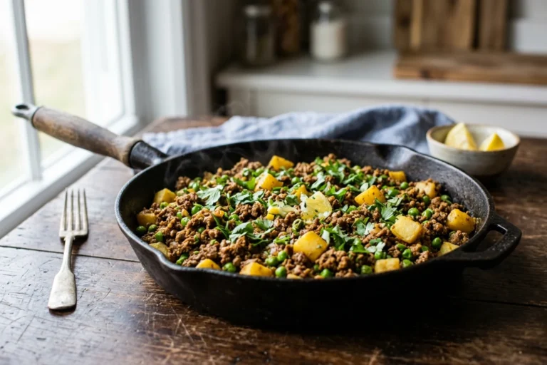 One-skillet ground beef and potato keema aloo in a cast-iron skillet on dark wood with sweet peas and cilantro