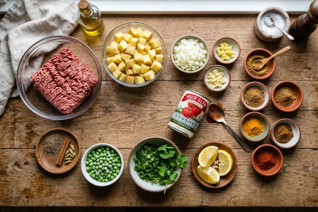 Ingredients for keema aloo arranged: lean ground beef, diced potatoes, tomatoes, peas, onion, ginger, and spices