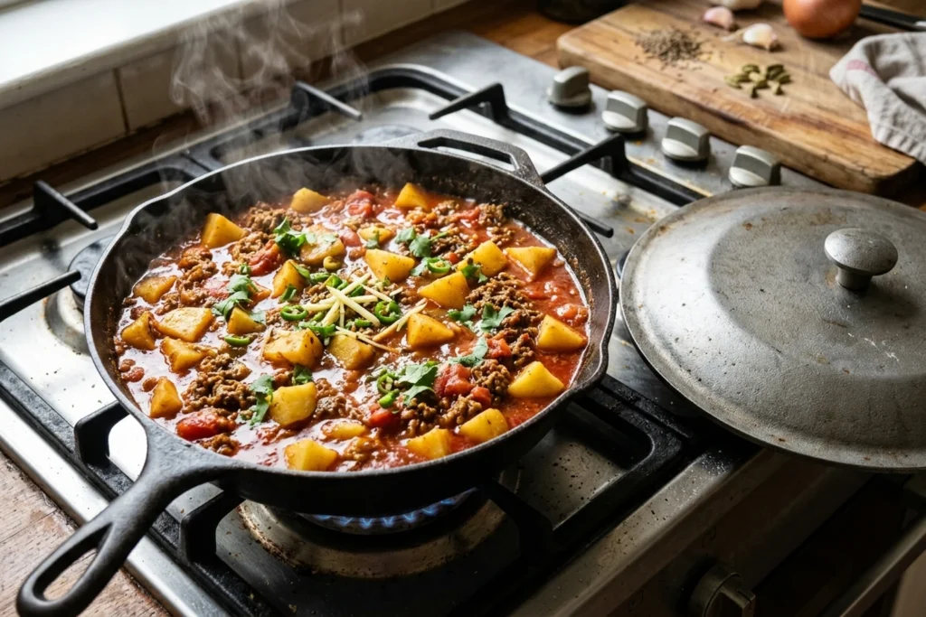 Half-inch potato cubes simmering in spiced tomato sauce with browned beef in the skillet