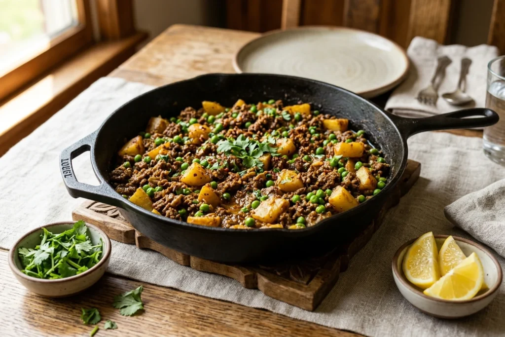 Finished keema aloo in the skillet on a wooden trivet with sweet peas and lemon wedges