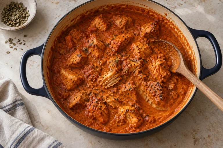 Greek yogurt butter chicken in a dark enameled braiser