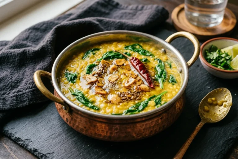 Traditional hammered copper handi with brass handles on dark slate filled with yellow moong dal and baby spinach, topped with sizzling garlic-cumin tadka and a whole red chili