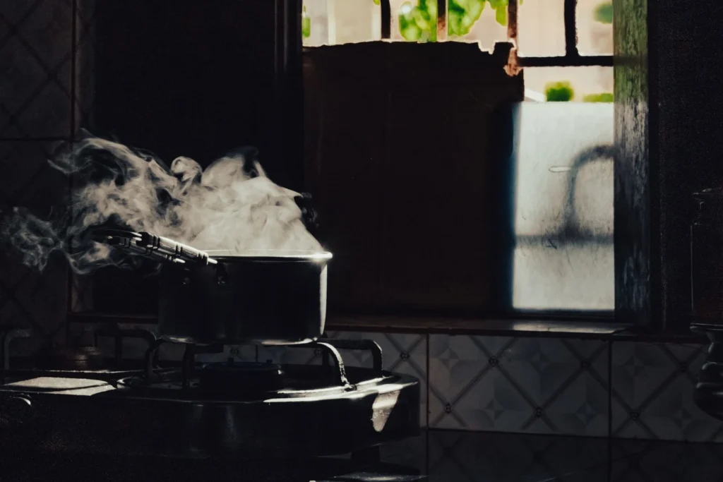 Spices gently simmering in water inside a stainless steel saucepan with aromatic steam