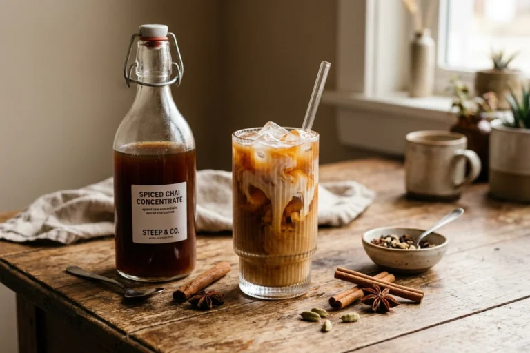 A clear glass bottle of dark amber chai concentrate next to a freshly poured iced chai latte with cream swirling into tea