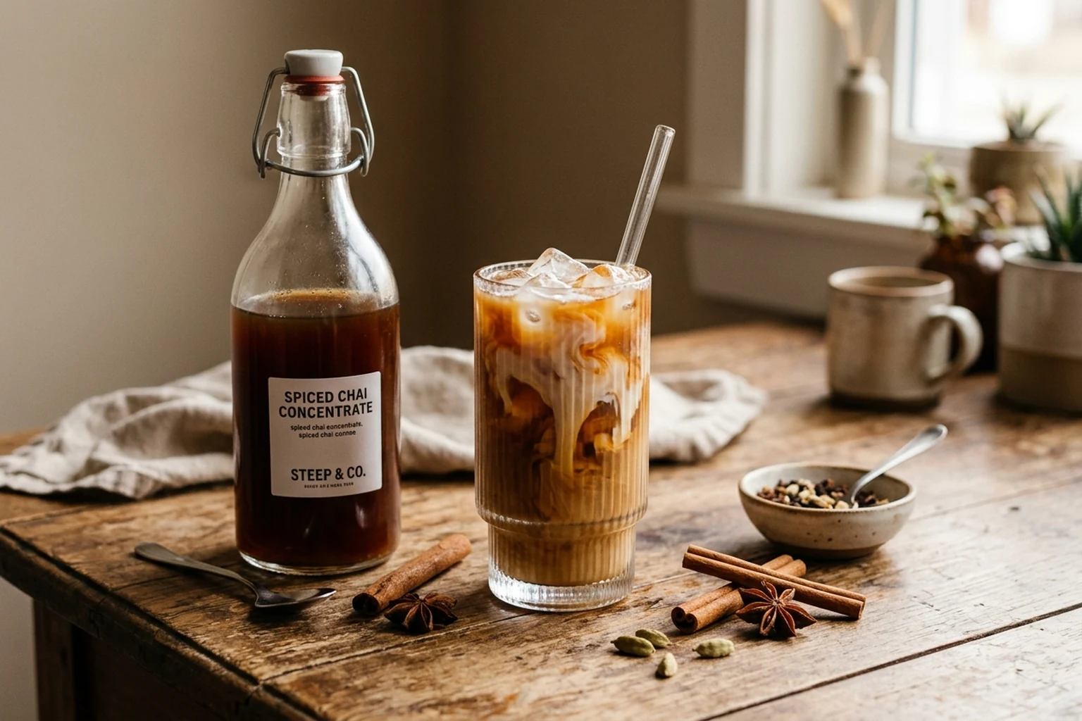 A clear glass bottle of dark amber chai concentrate next to a freshly poured iced chai latte with cream swirling into tea
