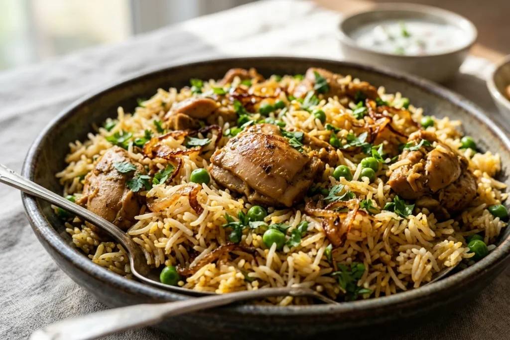Close-up of separate basmati grains, tender chicken thigh pieces, peas, cilantro, and onion