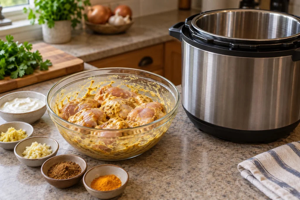 Chicken thighs coated in yogurt and spices beside a six-quart electric pressure cooker