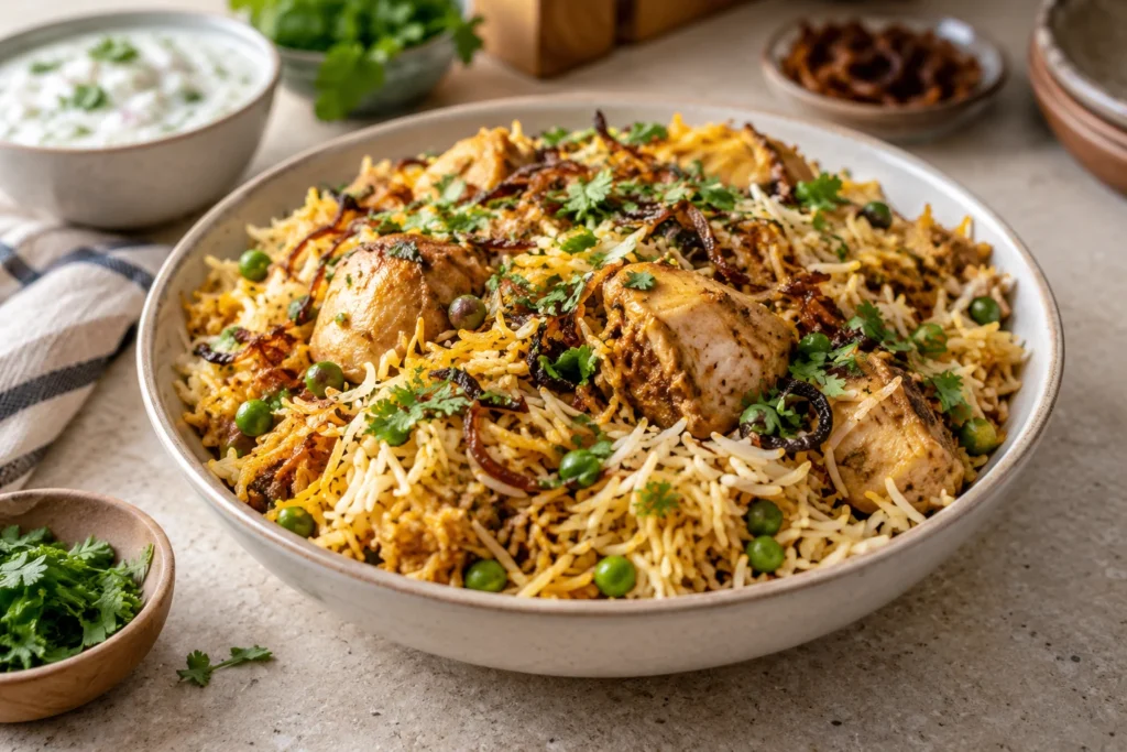 Instant Pot chicken biryani with distinct basmati rice, chicken thighs, peas, cilantro, and fried onion