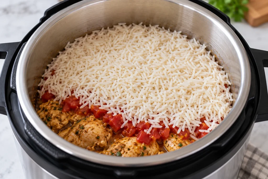 Layered chicken, drained tomato, and basmati rice in an unplugged open pressure-cooker insert