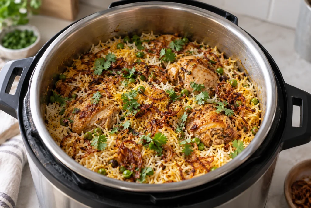 Finished chicken biryani resting in the open pressure-cooker insert after safe pressure release