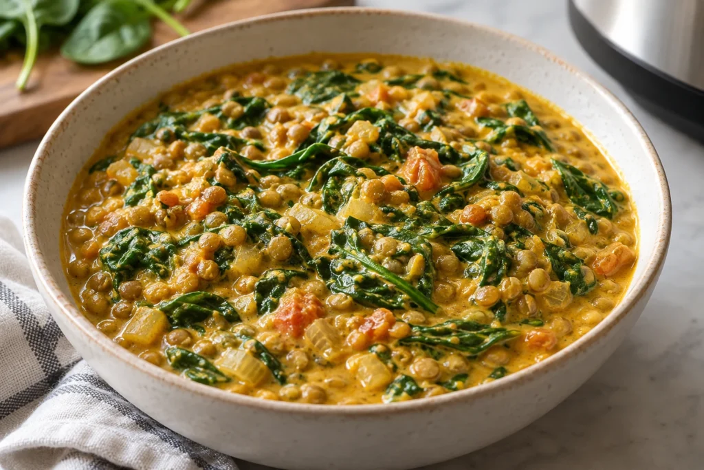Close-up texture of golden coconut lentil curry with vibrant green spinach leaves and lime