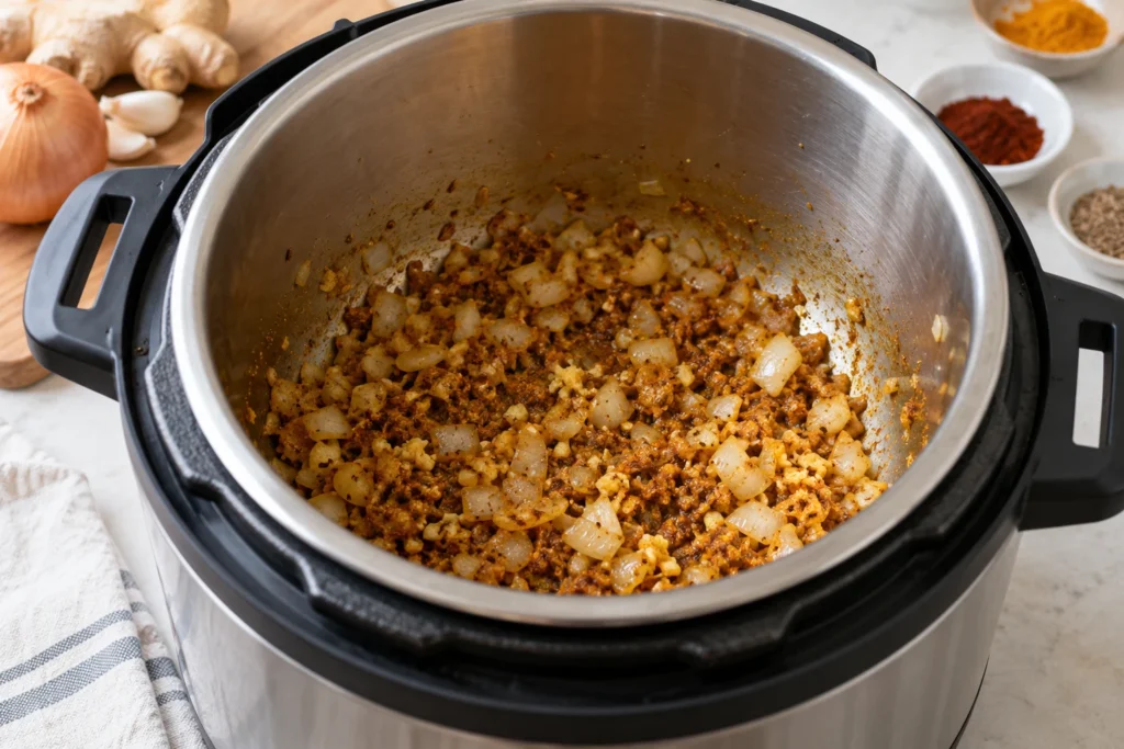 Onion, ginger, garlic, and curry spices sautéing in an open electric pressure-cooker insert
