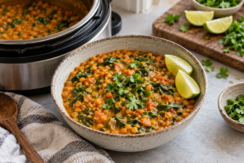 Creamy coconut red lentil curry with wilted baby spinach, fresh cilantro sprigs, and lime wedges