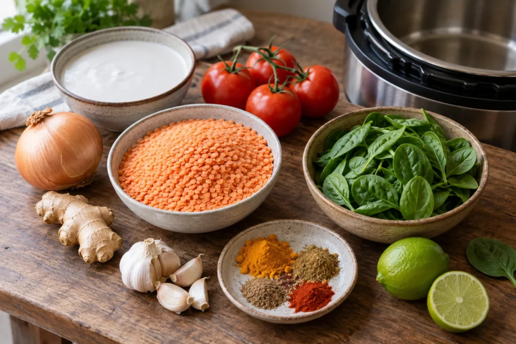 Red lentils, canned coconut milk, fresh baby spinach, diced tomatoes, onion, ginger, garlic, and lime