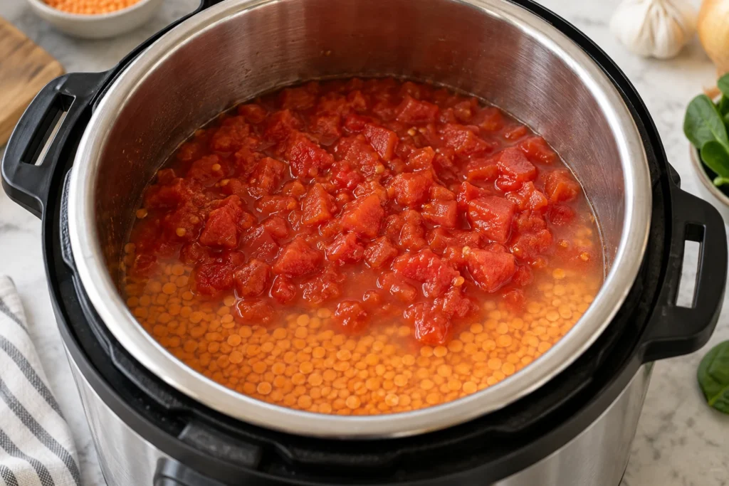 Red lentils and cooking water beneath an un-stirred tomato layer in the pressure cooker