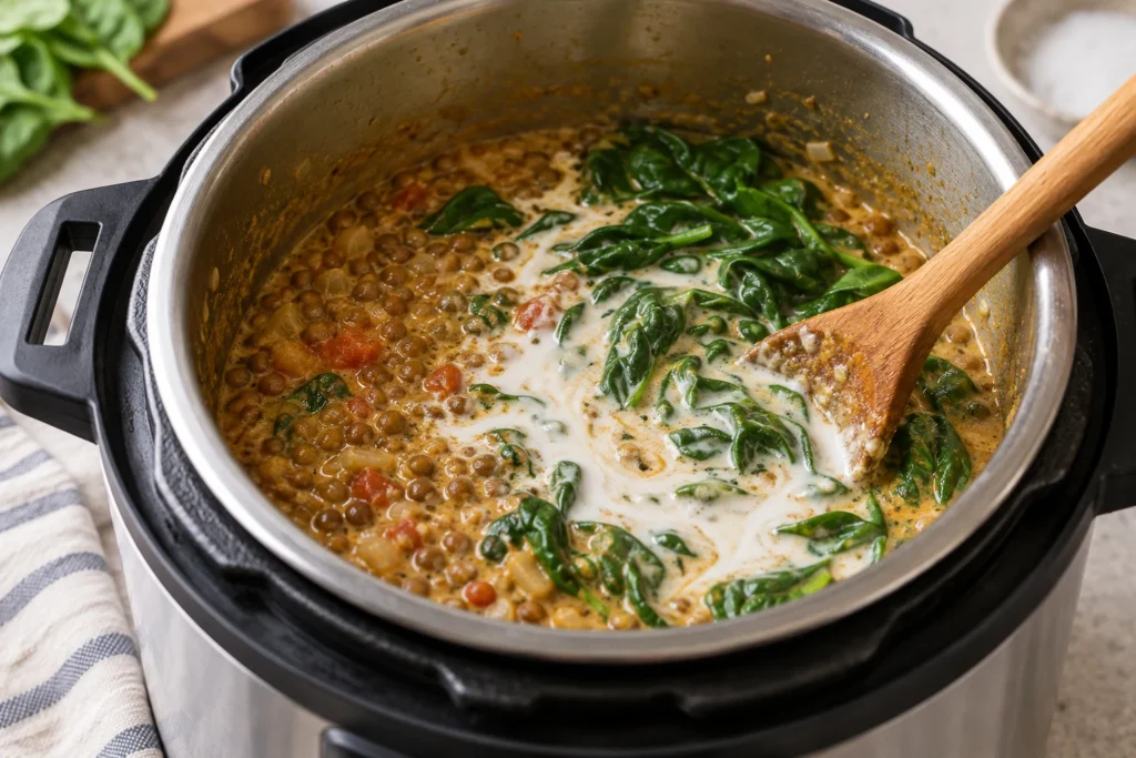 Full-fat coconut milk and fresh baby spinach being folded into cooked lentils in the open pot