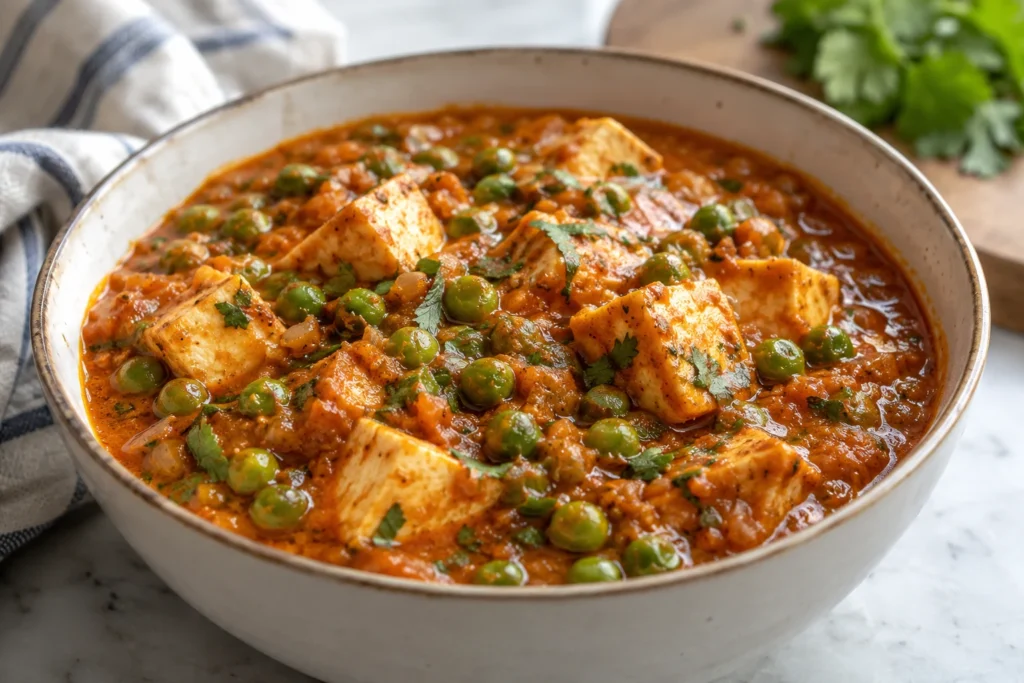 Close-up of tender paneer cubes and bright green peas coated in velvety red-orange sauce