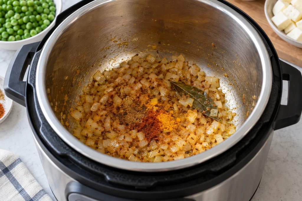 Onion, ginger, garlic, and warming spices sautéing in the electric pressure cooker insert