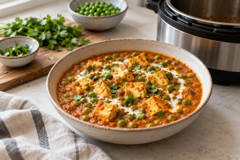 Matar paneer with soft paneer cubes, sweet green peas, spiced tomato sauce, cilantro, and cream swirl