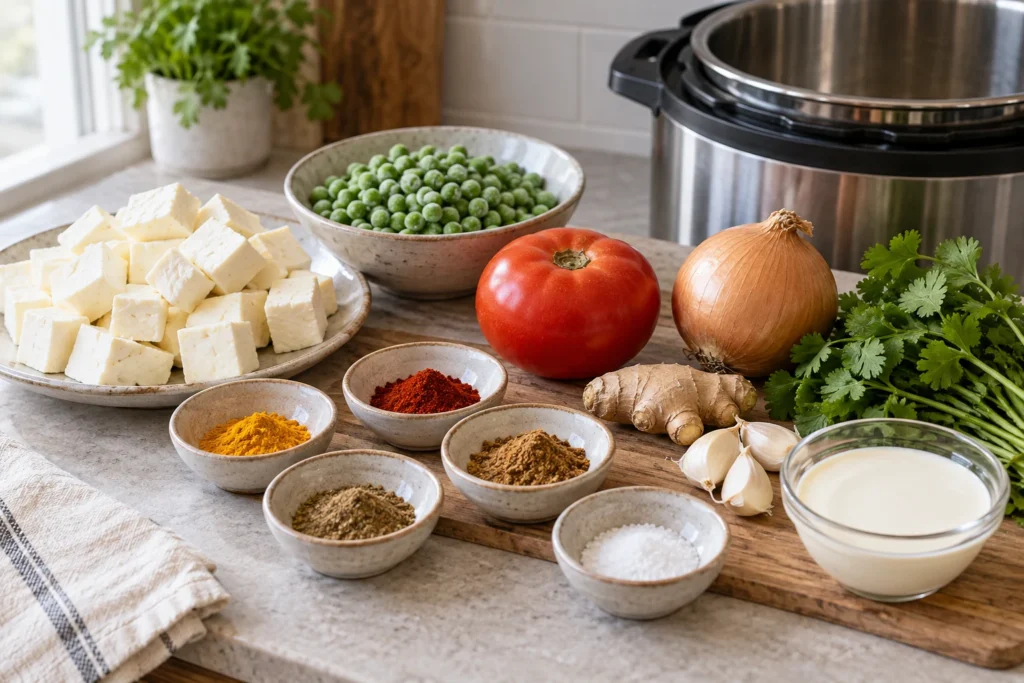 Packaged paneer, frozen peas, diced tomatoes, onion, ginger, garlic, spices, cream, and cilantro