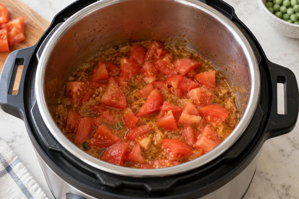 Diced tomatoes layered over deglazed liquid in the pressure-cooker insert before sealing