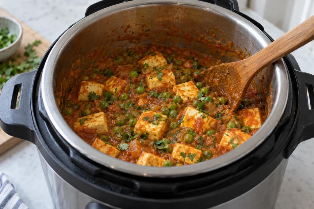 Cubed paneer and frozen green peas folded into smooth spiced tomato gravy in the open cooker