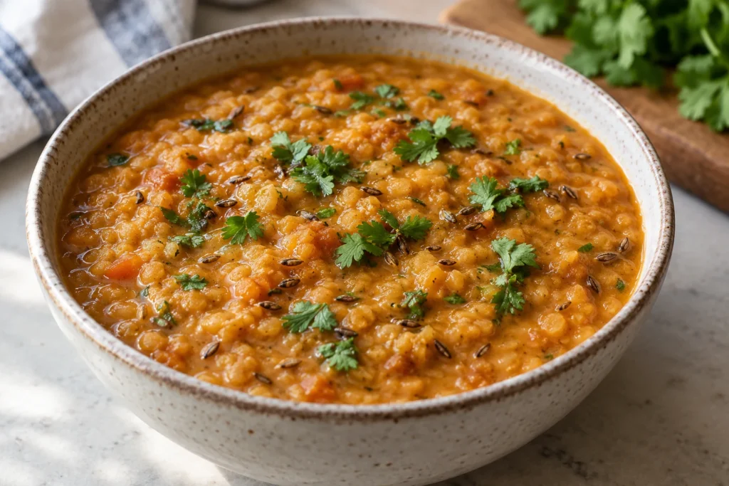 Close-up of spoonable masoor dal with visible cumin seeds, tomato flecks, and cilantro