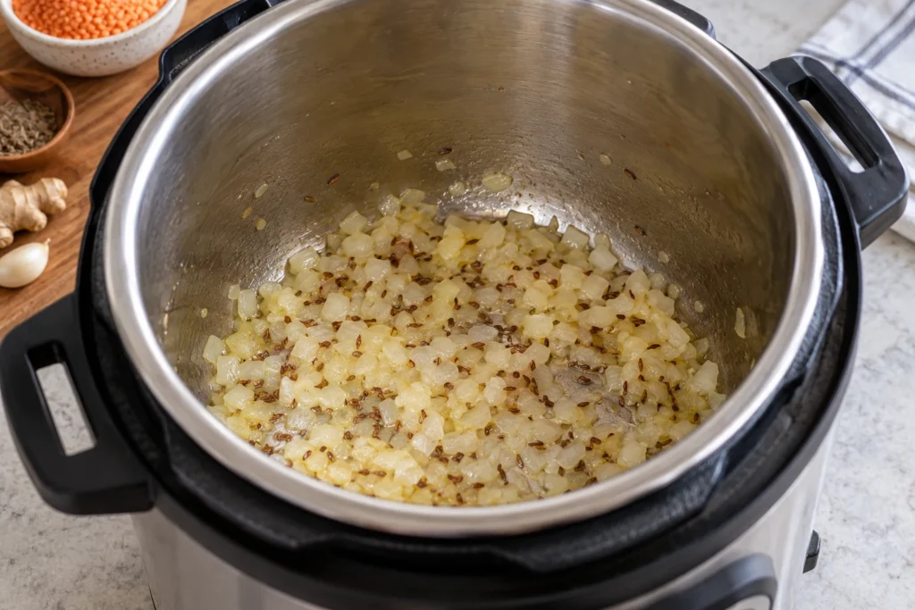 Cumin seeds and finely diced onion sautéing in the base of an open pressure-cooker insert