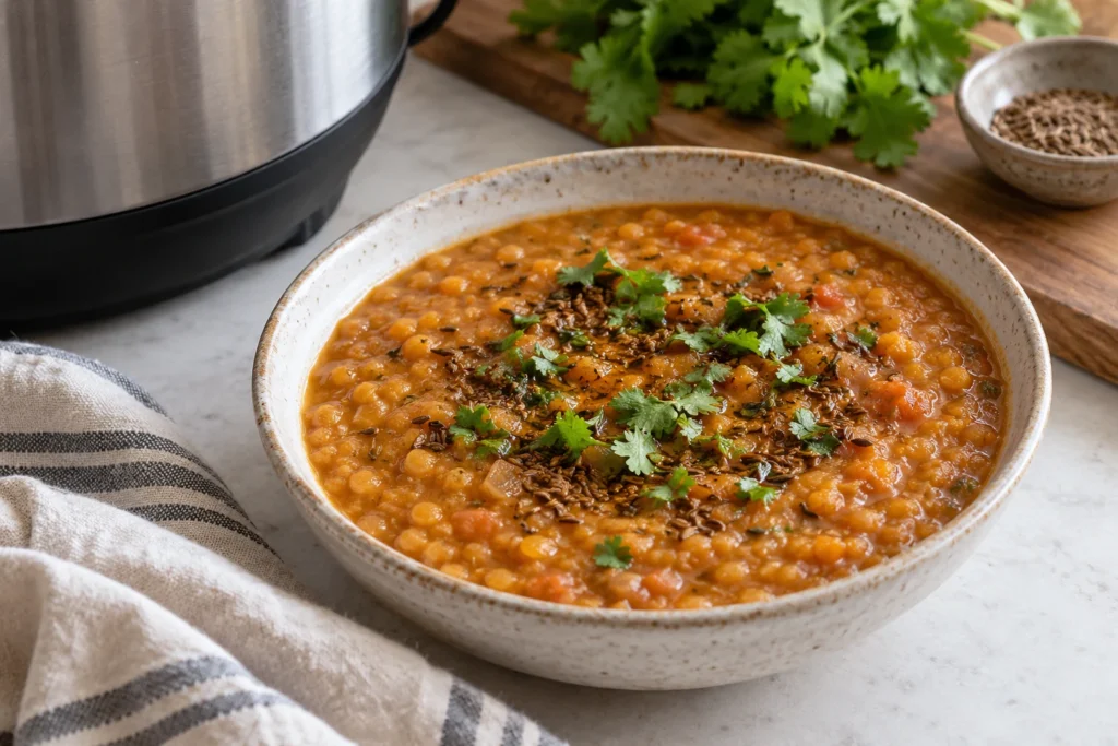 Thick red lentil dal in a speckled ceramic bowl with fresh cilantro and toasted cumin tadka